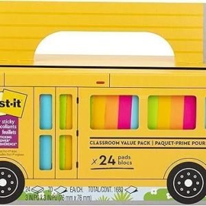 Post-it Super Sticky Notes Value Pack, 24 Pads, Convenient School Bus Carry and Storage Case, 2X The Sticking Power, 3x3 in, Bright Colors (Orange, Pink, Blue, Green, Yellow), Recyclable (654-24SSBUS)